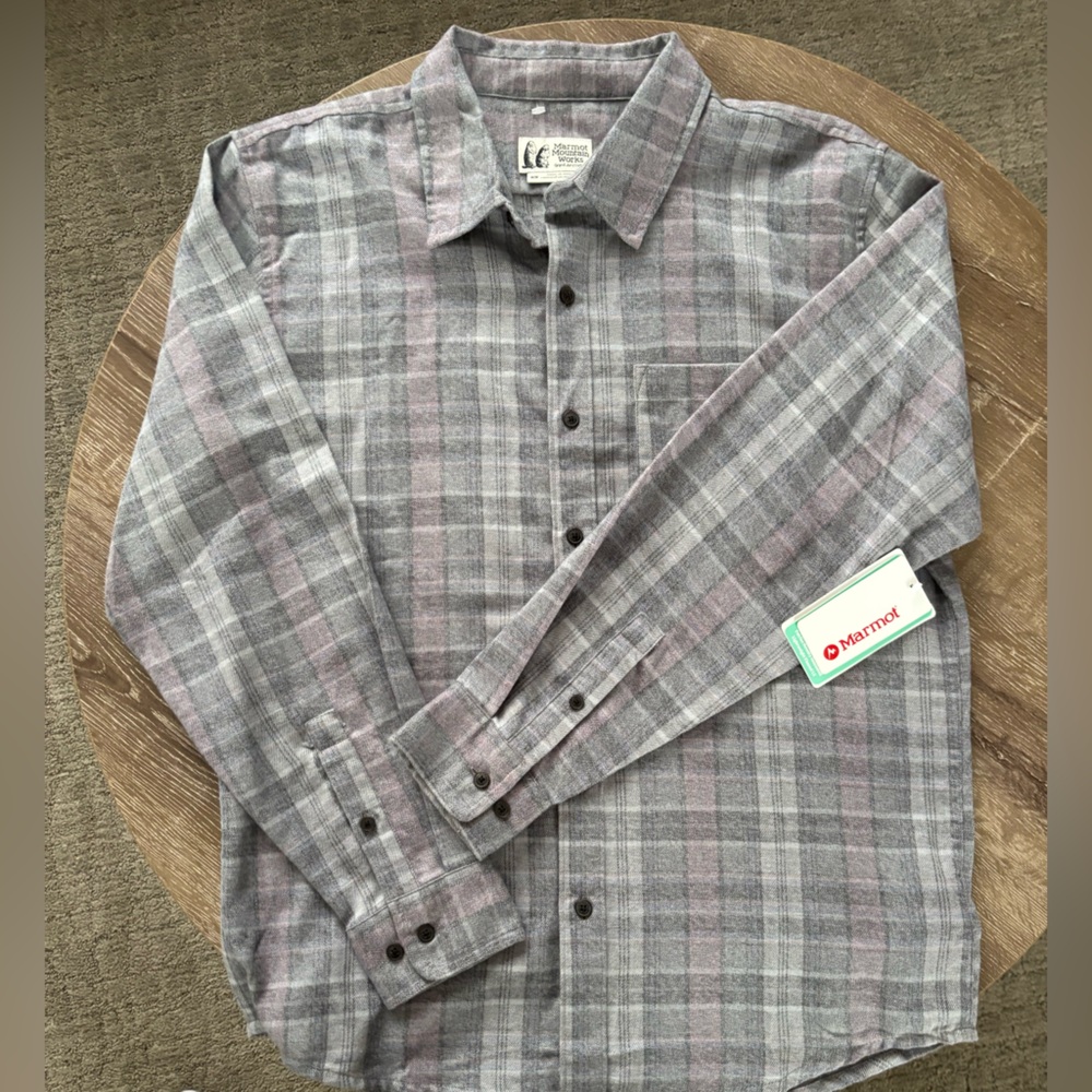 Marmot Gray Plaid Lightweight Flannel Button Down Hiking Shirt Size M NWT